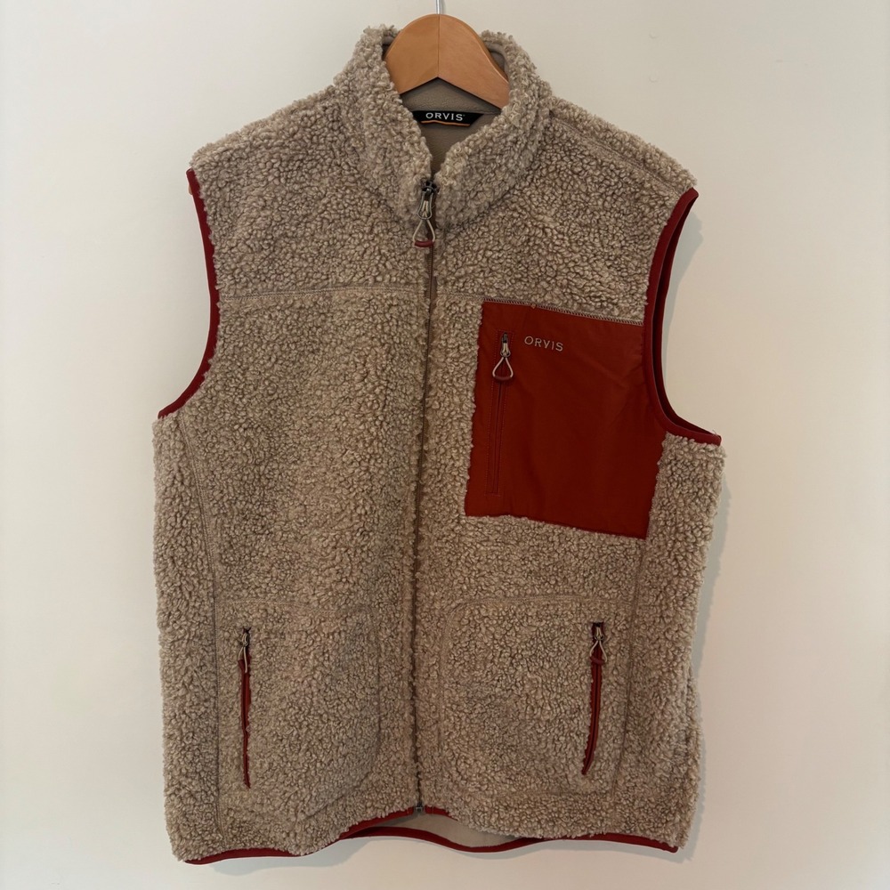 Orvis Mens Sherpa Fleece Vest Tan Beige Rust Red Full Zip Mock Neck Large